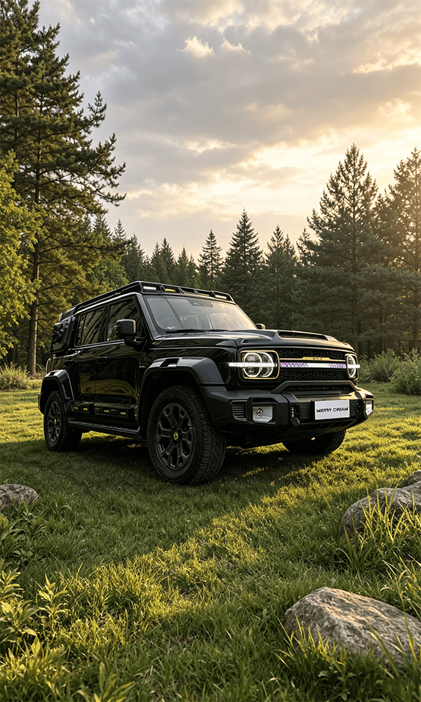 Black off-road SUV with exterior styling parts in a wooded landscape