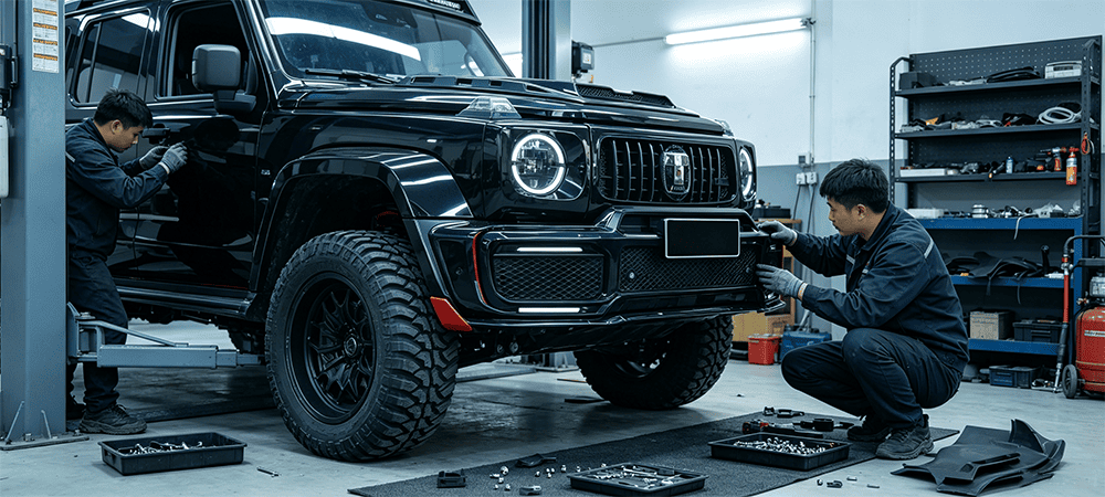 Technicians working on the exterior of a black off-road SUV in a workshop