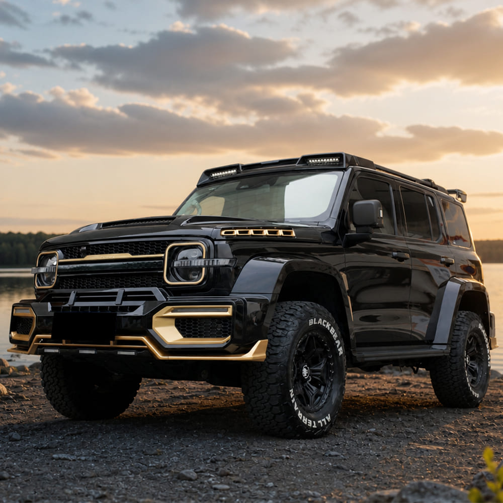 Full body kit installation on a black off-road SUV at sunset