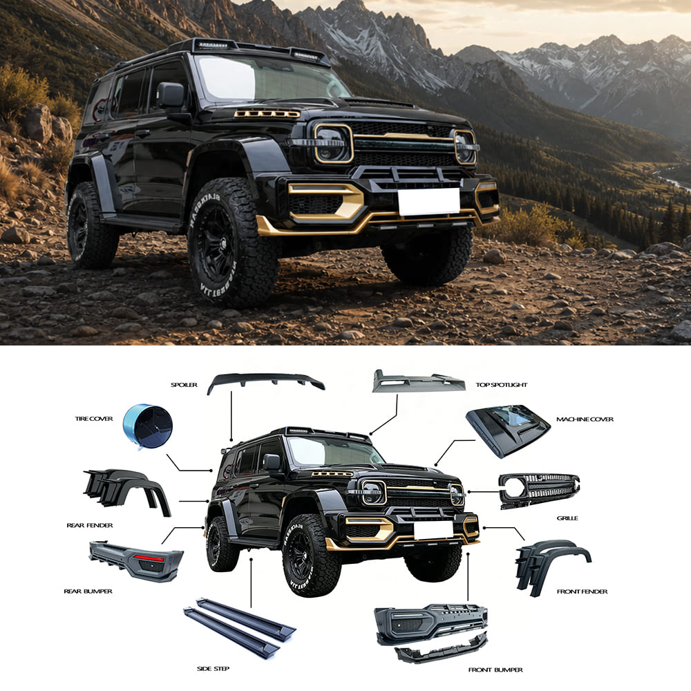 Car body kit displayed on an off-road SUV with the complete exterior component set