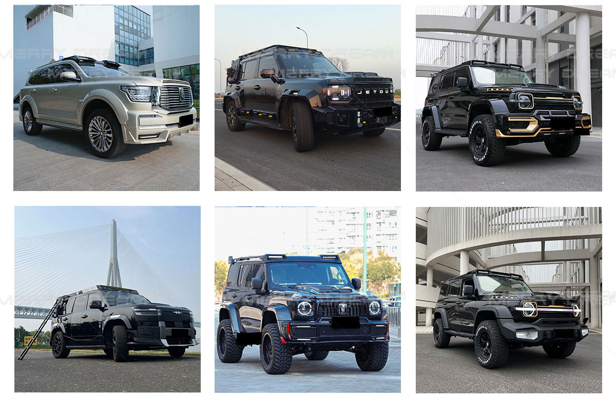 Reference board showing exterior upgrade projects on several off-road SUV models