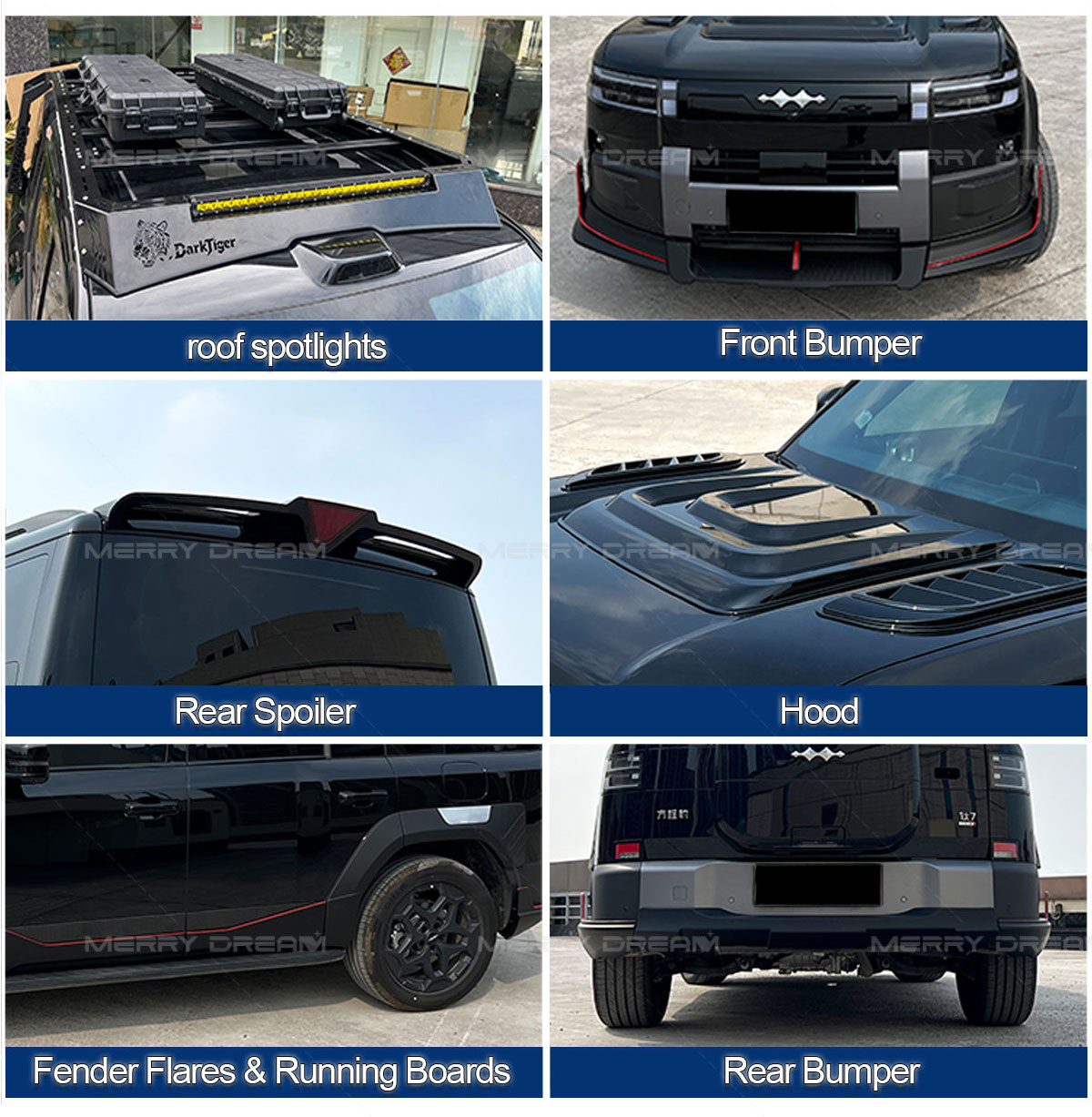BYD Leopard Ti7 exterior kit details showing roof spotlights, bumpers, spoiler, hood, fender flares and running boards