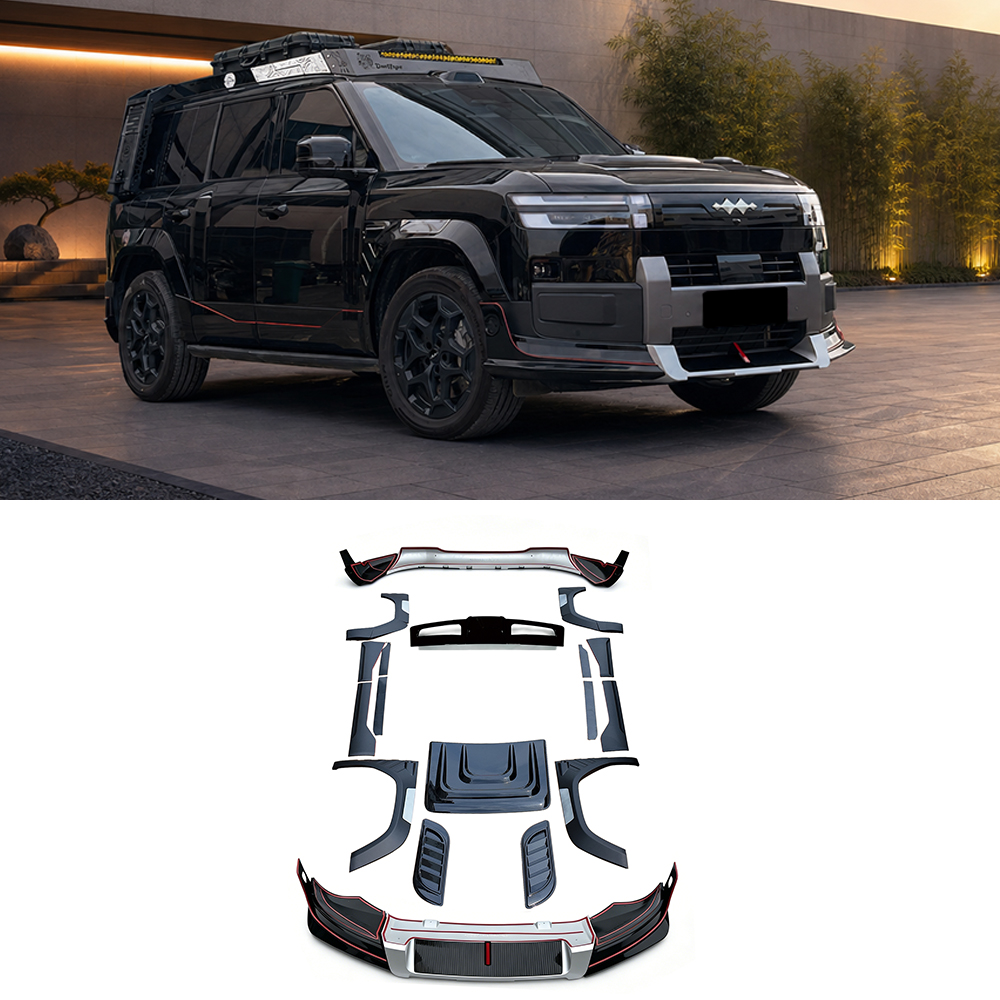 Black BYD Leopard Ti7 fitted with exterior body kit above the arranged kit components