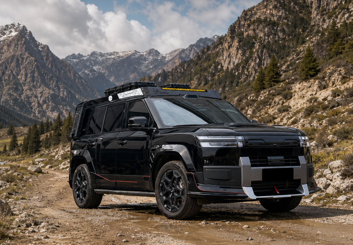 Black BYD Leopard Ti7 fitted with exterior body kit in a mountain setting
