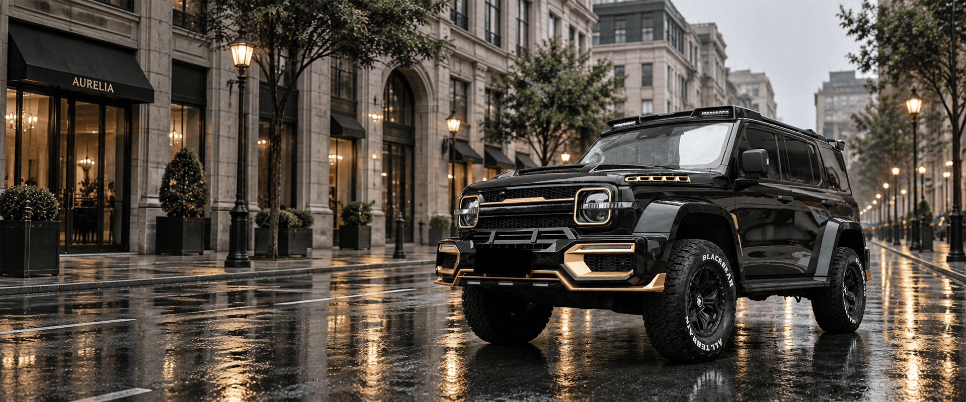Modified black SUV fitted with exterior body kit accessories on a city street