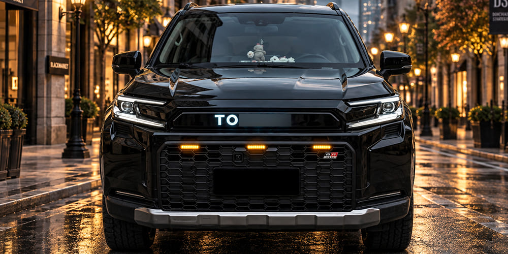 Front view of a black SUV showing the grille, lights and surrounding trim