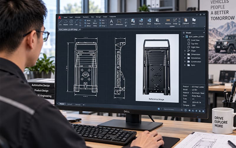 Vehicle side ladder design drawing displayed on a CAD workstation