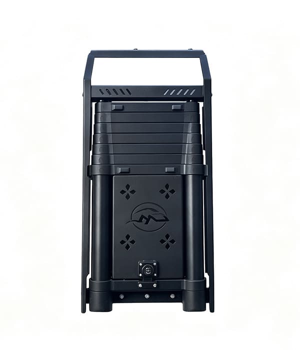 Front view of a black vehicle side ladder showing its frame and platform