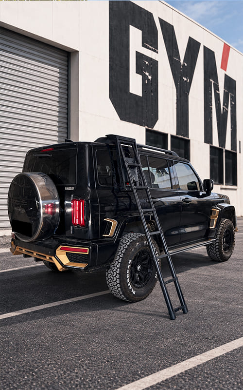 Black SUV with a rear side ladder installed beside the rear door