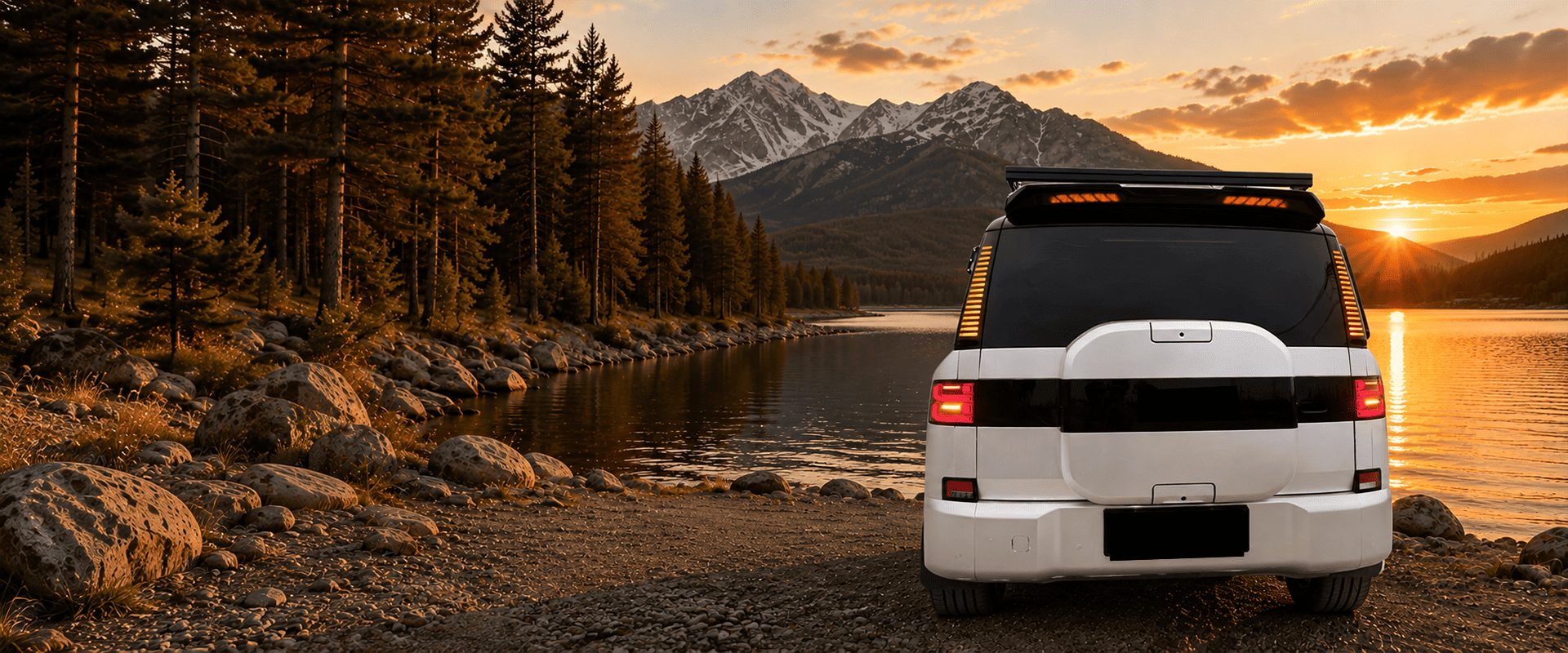 White SUV with a roof spoiler parked beside a mountain lake at sunset