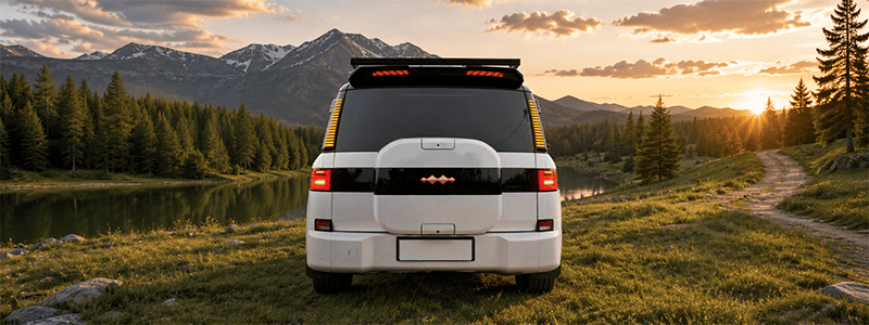 Rear view of a white SUV showing the vehicle profile and roof spoiler