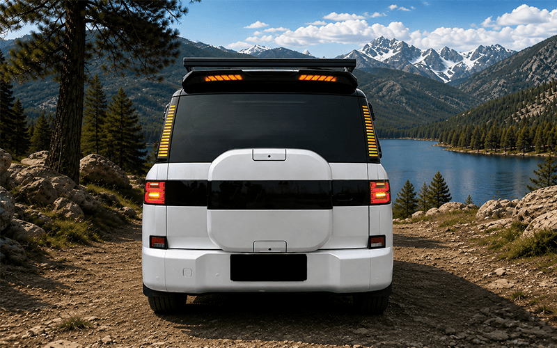 Rear view of a white SUV with an illuminated roof spoiler during final product review