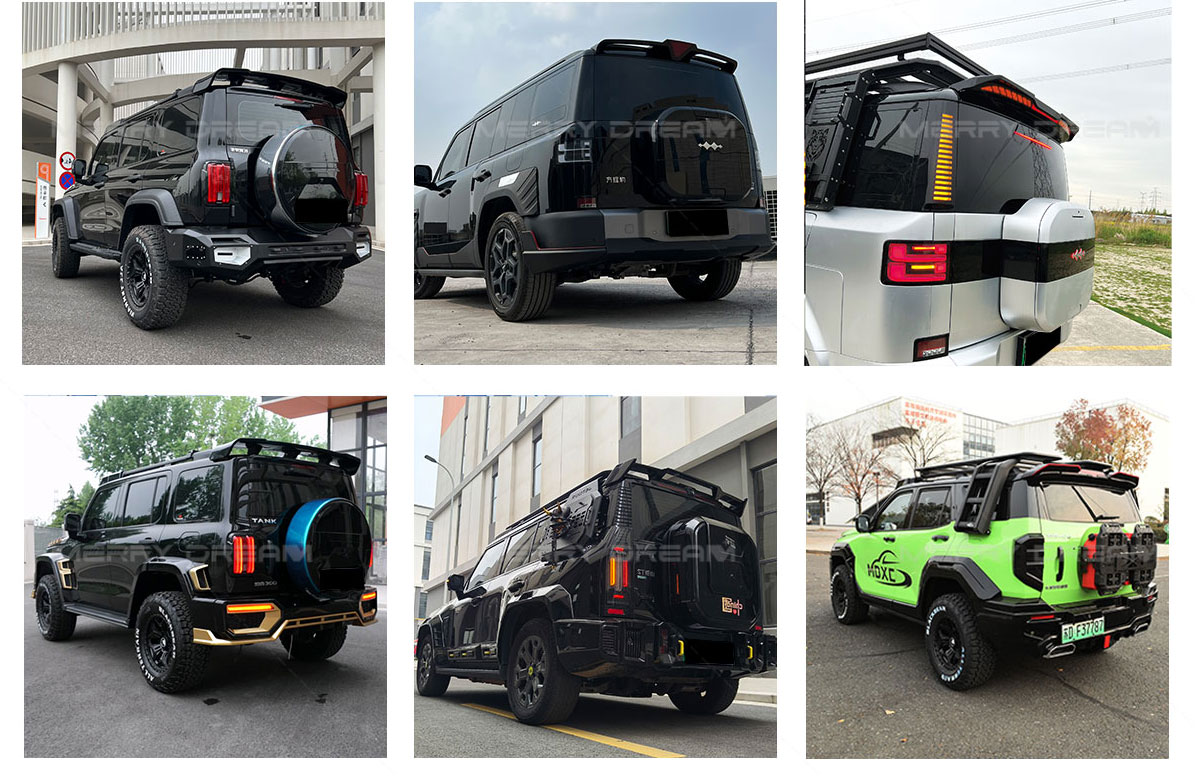 Reference board showing rear spoiler applications on several off-road SUVs
