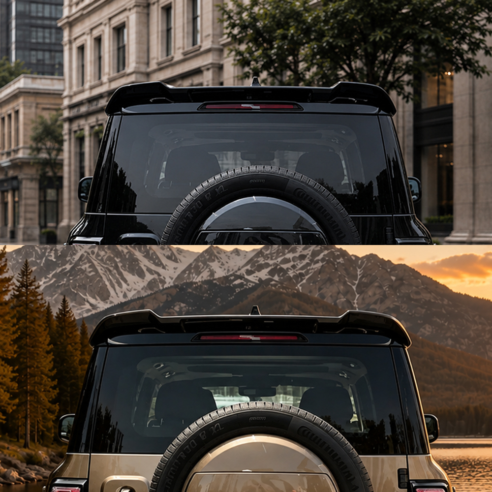 GWM Haval H10 rear spoiler shown installed from two rear vehicle views