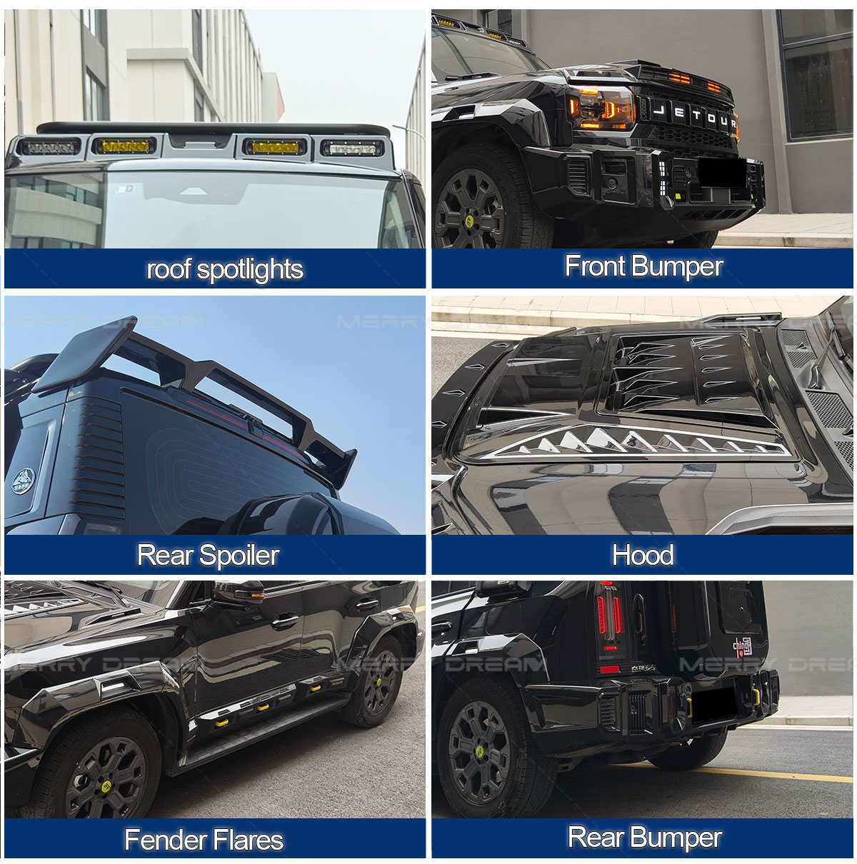 Jetour T2 exterior kit details showing roof spotlights, bumpers, spoiler, hood and fender flares