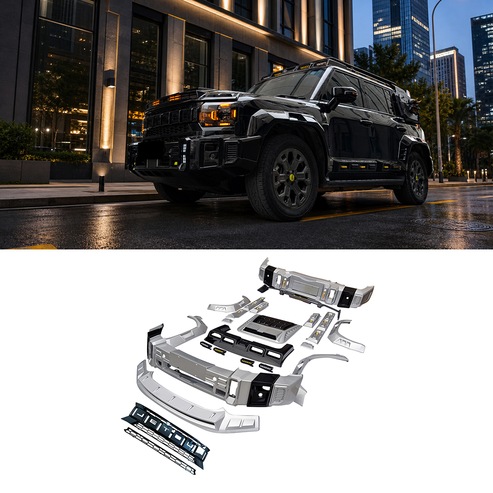 Black Jetour T2 with exterior body kit above the arranged kit components