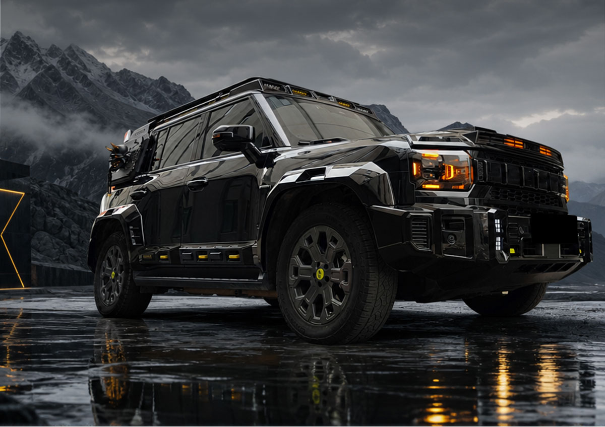 Black Jetour T2 fitted with an exterior body kit in a mountain setting