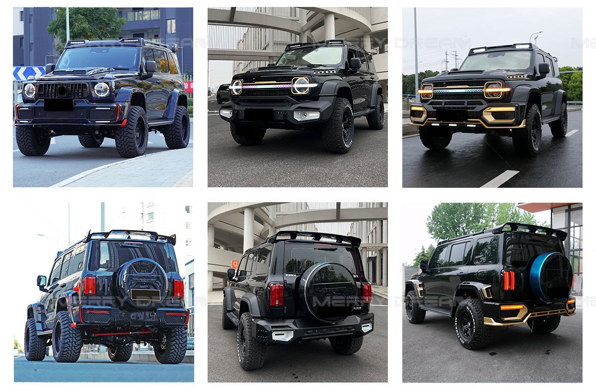 Golden Shark exterior body kit shown on Tank 300 vehicles from front and rear angles