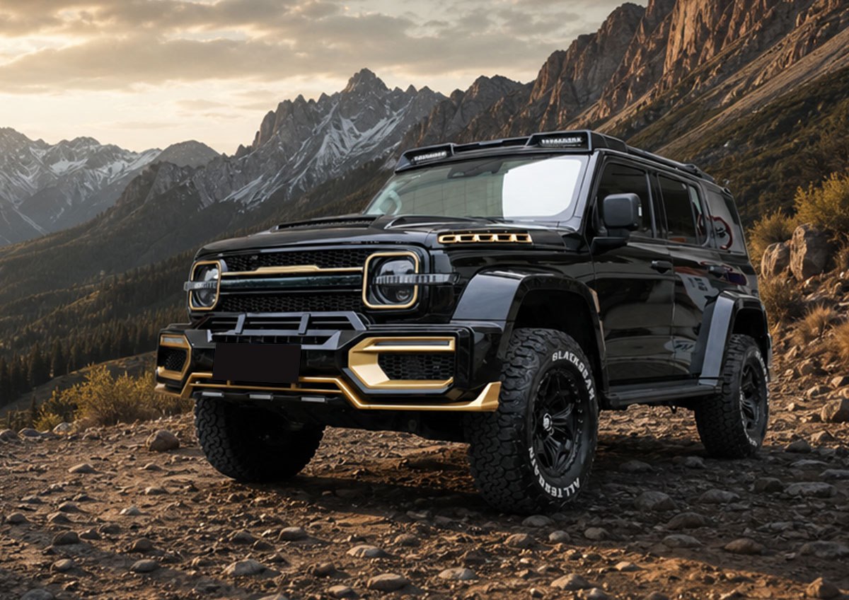 Golden Shark exterior body kit installed on a black Tank 300 in a mountain setting