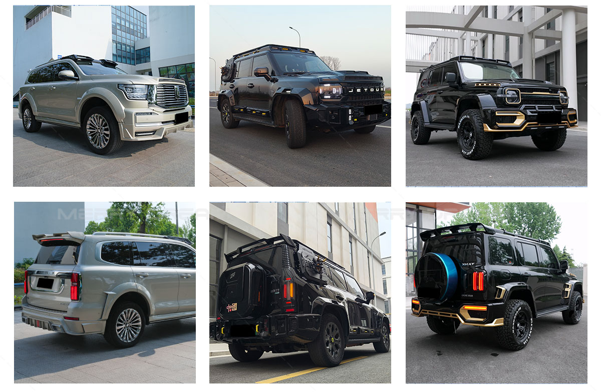 Reference board showing Tank 500 and other off-road SUV exterior upgrade applications