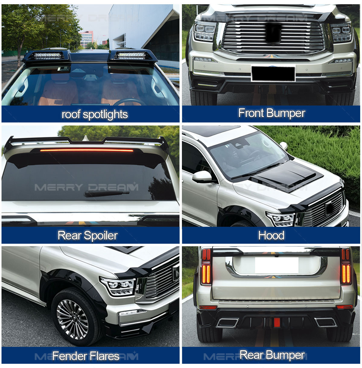 Tank 500 exterior kit details showing roof spotlights, front bumper, rear spoiler, hood, fender flares and rear bumper