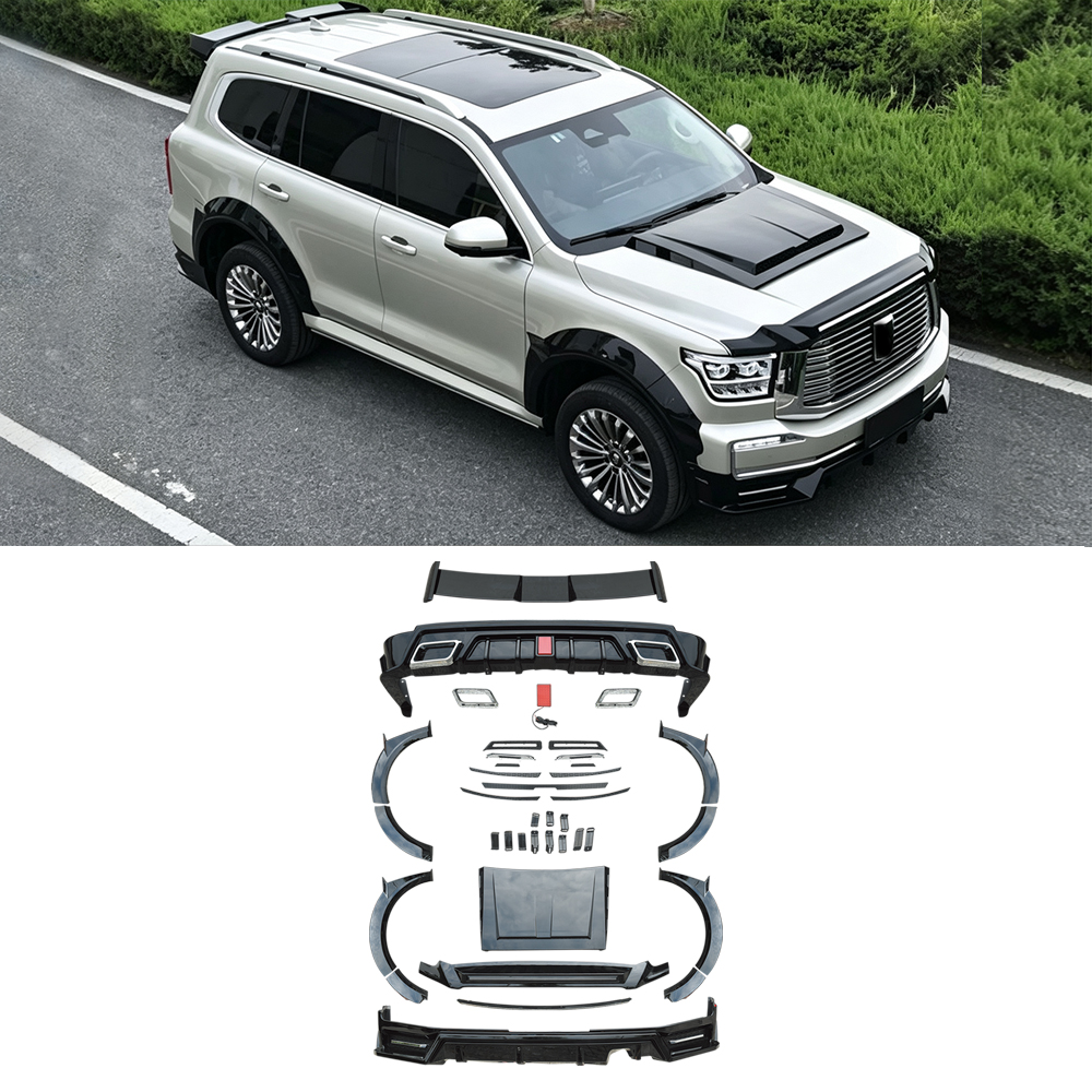 White Tank 500 with exterior body kit above the arranged kit components