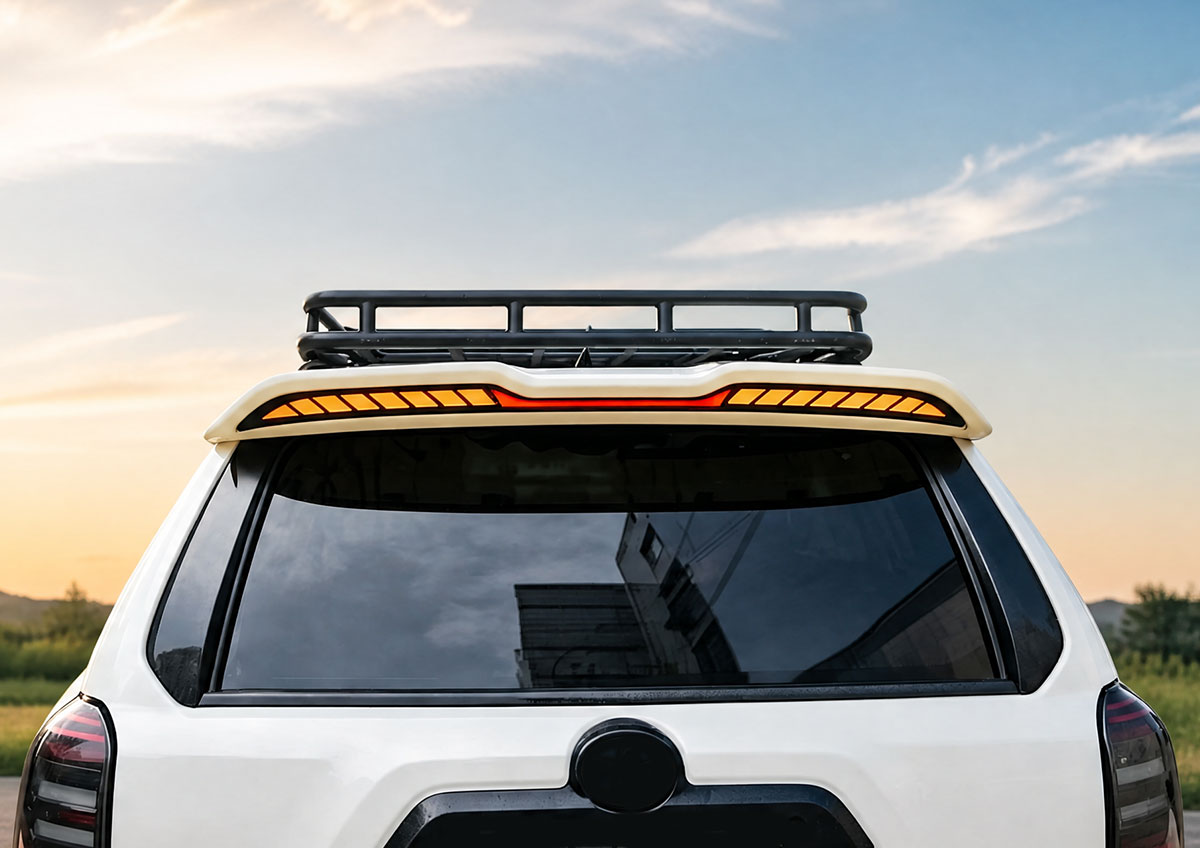 White Toyota 4Runner viewed from the rear with the amber LED roof spoiler illuminated