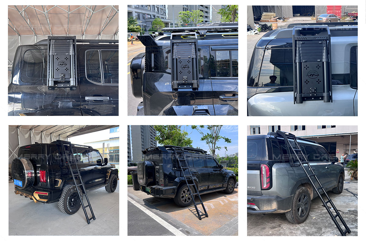Related retractable side ladder installations shown on several SUV applications
