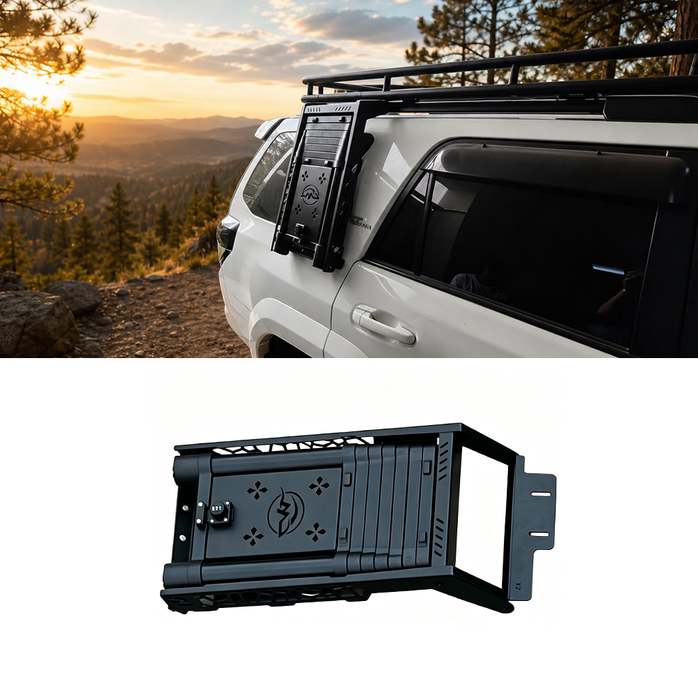 Retractable side ladder mounted on the rear side of a white Toyota 4Runner