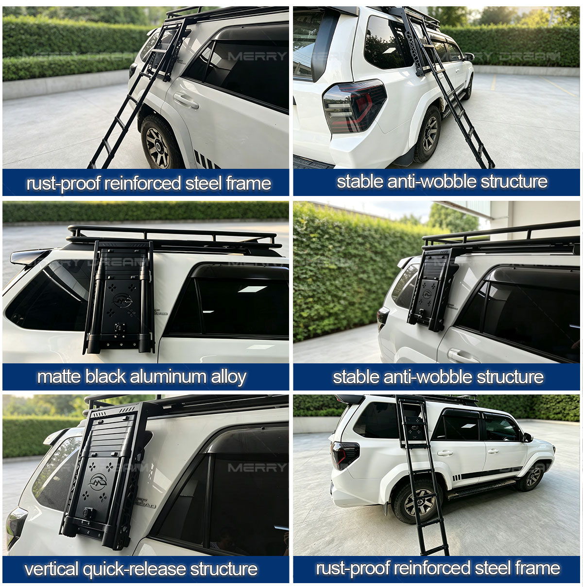 Toyota 4Runner side ladder shown in folded and extended positions from several angles