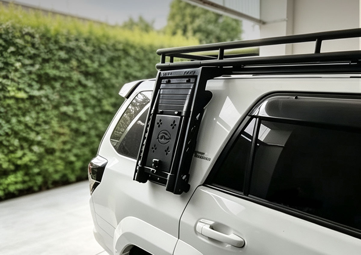 Toyota 4Runner exterior side ladder folded vertically beside the rear side window