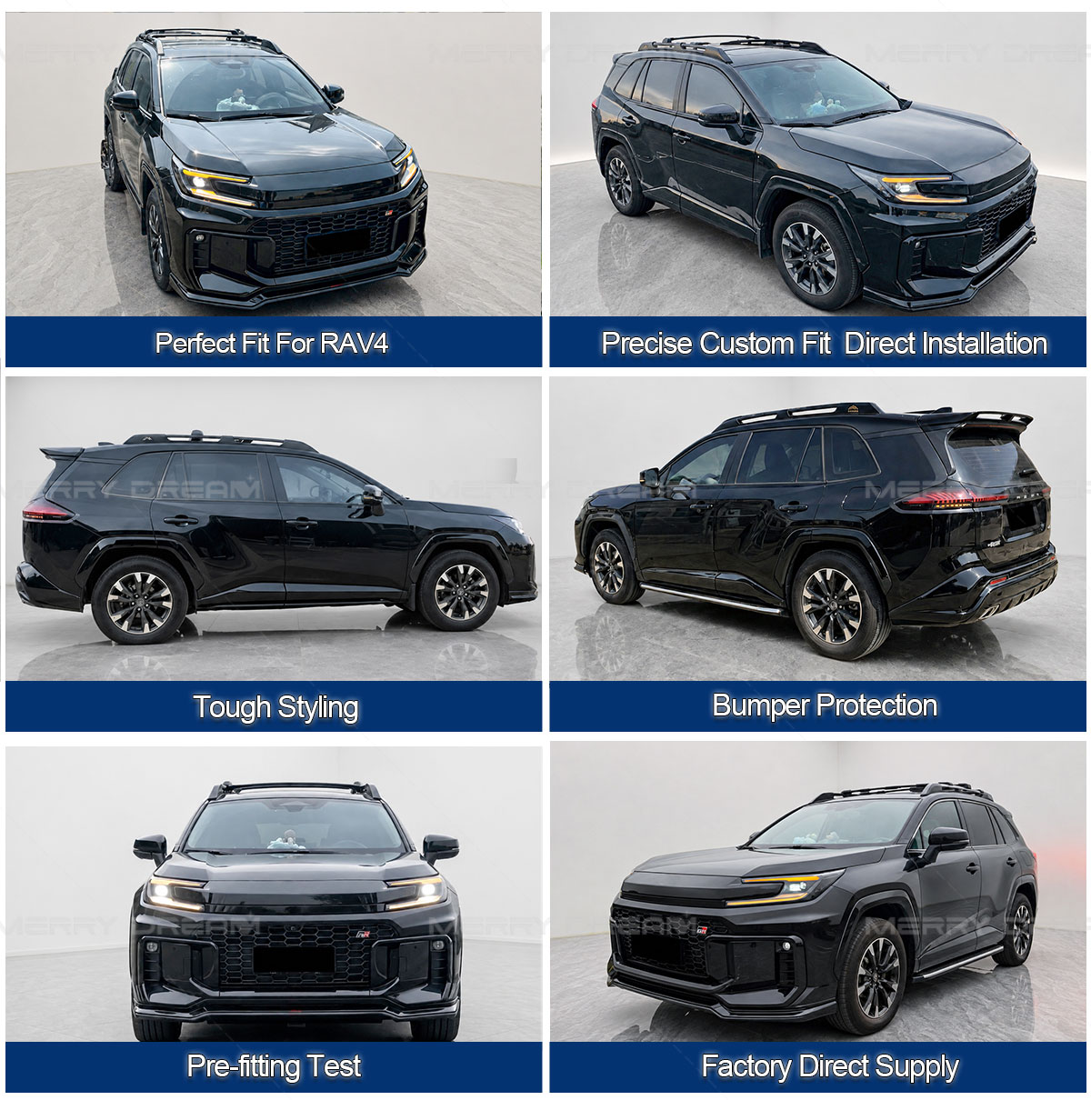 Black Toyota RAV4 with MLS body kit shown from front, side and rear reference angles