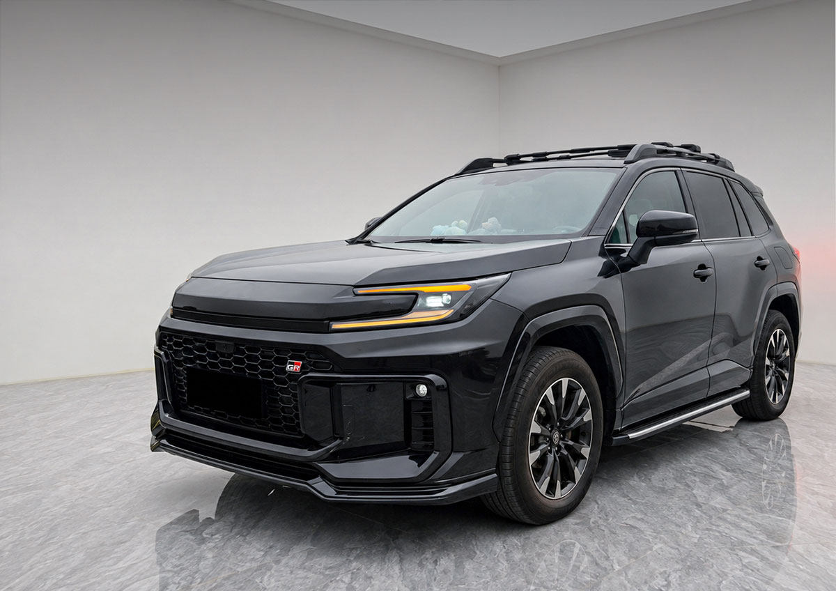 Black 2025 Toyota RAV4 fitted with MLS body kit from a front three-quarter view