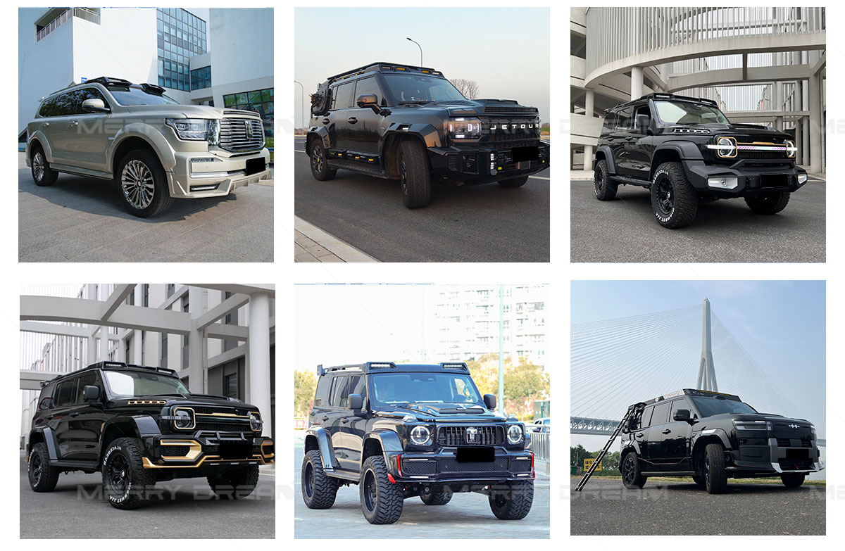 Reference board showing front grille applications on several off-road SUVs