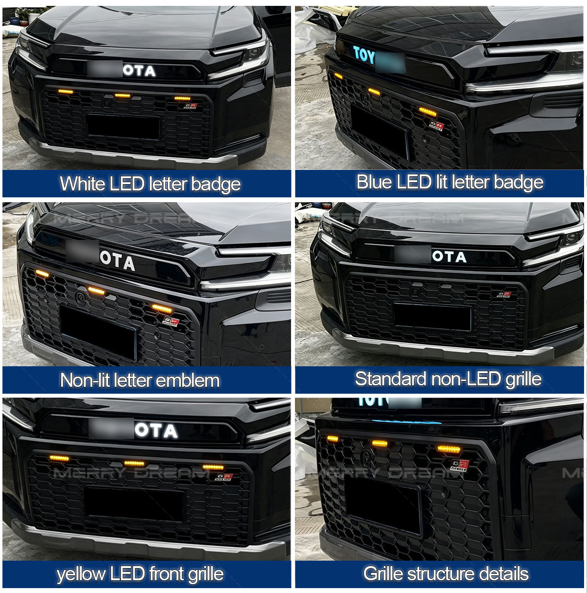Toyota RAV4 emblem and grille version board showing white, blue, non-lit and amber-light options